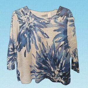 Alfred Dunner Blue and White Floral Blouse with jeweled neckline. PXL.
